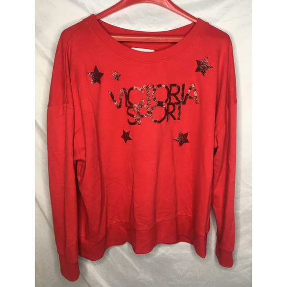 Victoria's Secret Sport Graphic Sweatshirt Red Glitter Stars Size L Vintage - Picture 1 of 6